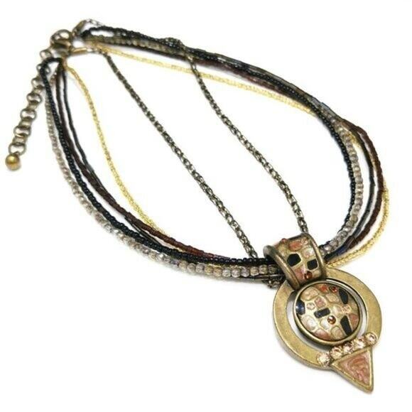 Chico’s Multi Strand Seed Bead Necklace Enamel Rhinestone Pendant Bronze Tone - Picture 8 of 12